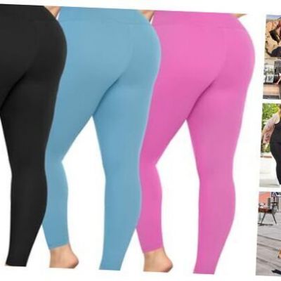 3 Pack Plus Size Leggings for Women -Stretchy-4X X-Large Black/Pink/Light Blue