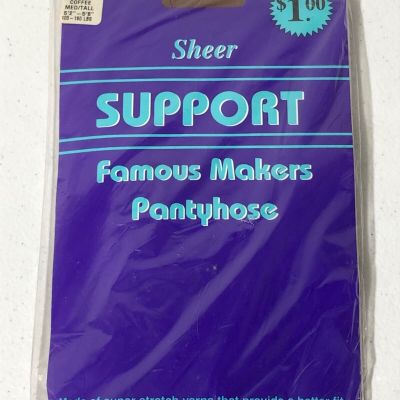 Famous Makers Vintage Sheer Support Pantyhose Coffee Med/Tall 100-160 lb NEW NOS