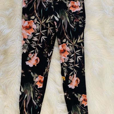 Betsey Johnson Performance Floral Print Leggings Sz S Black Pink Sheer Detail