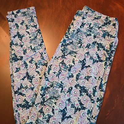 Lularoe Leggings OS, Blue Teal With Purple Flowers, NEW