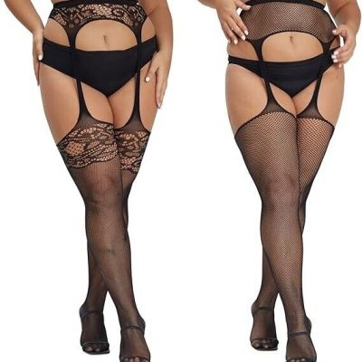 plus Size Thigh High Stockings Womens 55D Semi Sheer Silicone Lace Top Stay