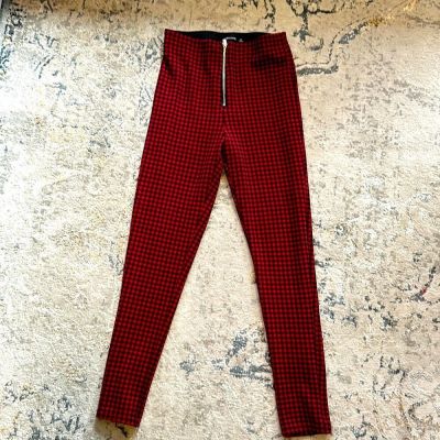 Zara Women Red Black checkered  Front Zip Jegging Leggings Size xl..