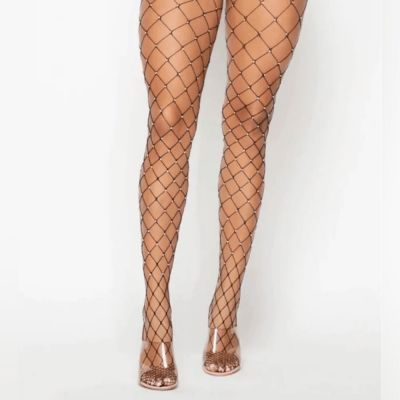 Black rhinestones wide fishnet hosiery tights stockings