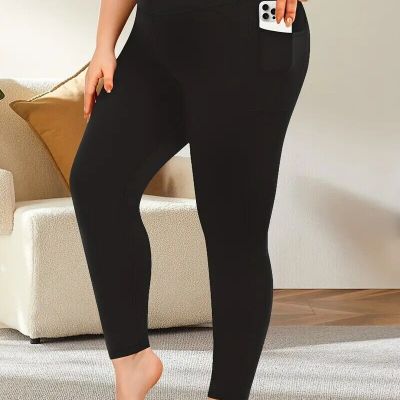 Womens Plus High Waist Yoga Leggings w/Side Pockets Stretchy Black Sizes 1XL-3XL