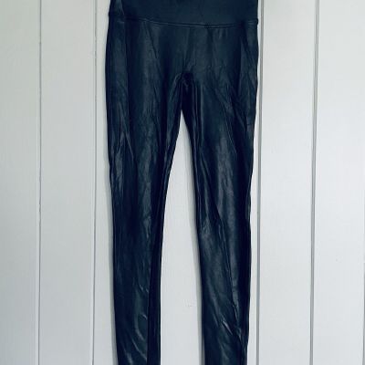 Spanx Faux Leather Leggings L Large Black Shiny Stretch High Waisted 2437T