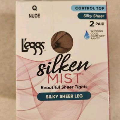 Leggs Silken Mist 2 PAIRS Silky Sheer Leg Tights Q NUDE Control Top / Cool 98133