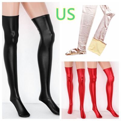 US Women's Wet Look Stockings Thigh High Rubber Elastic Hold-ups Overknees