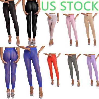 US Women Pantyhose Solid Color See-through Zipper Crotch Tights Footed Ice Silk