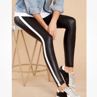 SPANX Women Leggings Faux Leather Black White Side Stripe Skinny Pants Sz Large