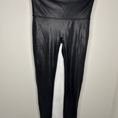 Spanx Womens Faux Leather Leggings Size Large Slimming Black Compression Pull On