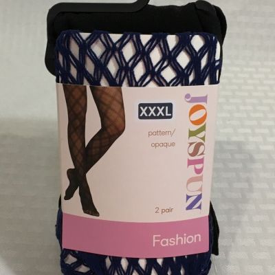 2 PAIR JOYSPUN FASHION TIGHTS / NAVY FISHNET & BLACK OPAQUE / SIZE XXXL / NEW