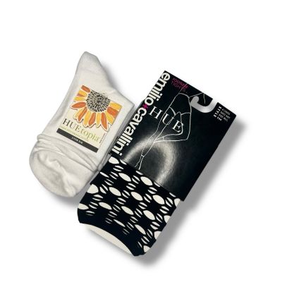 Huetopia Roll Top Shortie Socks 1 Pair White With Black Emilio Geo Net Tight M/L