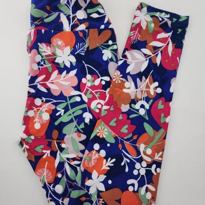 LuLaRoe OS Leggings Bright Flowers, Hearts & Mushrooms Orange Pink Brown On Blue