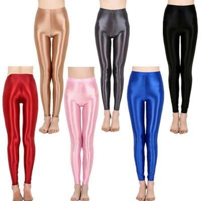 Women Footless Yoga Pants Shiny Oil Elastic Waist Sports Workout Dance Leggings