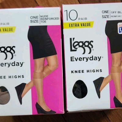 2 PK 10 CT L'eggs Everyday Knee Highs Off Black And Nude One Size