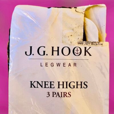 Vintage J.G. Hook Nylon KNEE HIGH Stockings Jet Black Lot of 3 Pairs New