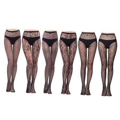 HOVEOX 6 Pairs Lace Patterned Tights Fishnet Floral Stockings One Size Black