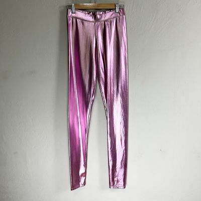 Zara Leggings Shiny Metallic Pink Pull On Elastic Waist 33