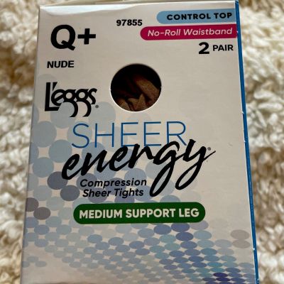 Leggs Sheer Energy Control Top Pantyhose Nude Medium Support 2 Pairs Sz Q