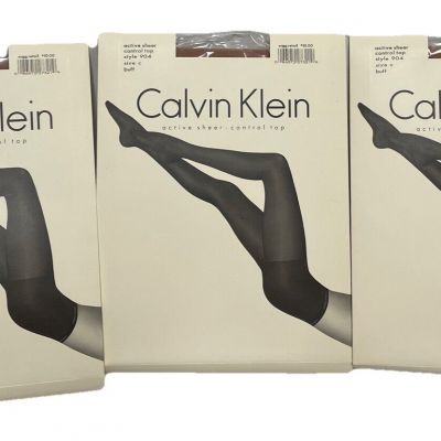 Lot 3 Calvin Klein Pantyhose Style 904 Control Top Active Sheer Buff Size C