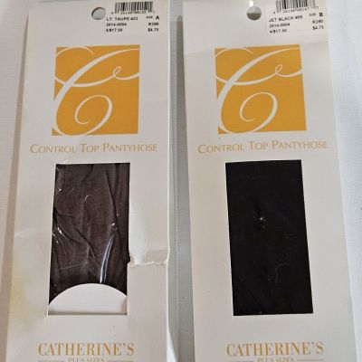 Catherine’s ~ Plus Size Control Top Pantyhose~2 Pairs 1 Black Sz B~1 Taupe Sz A