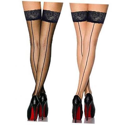 Vintage Nylon Lace Top Thigh High Stockings with Back Seam for Black and Nude