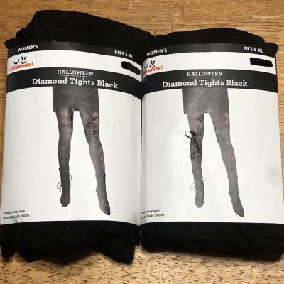 Lot of 2 Pair Women’s Halloween Diamond Tights Black One Size S-XL Gothic Witch