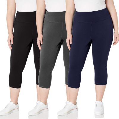 3 Pack plus Size Capri Leggings with Pockets for Women, High Waisted Black Worko