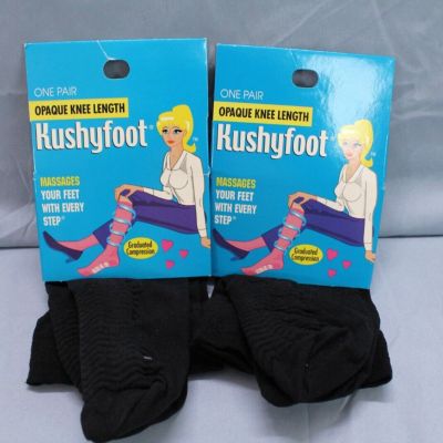 KUSHYFOOT Lot 2 Black PADDED MASSAGE SOLE Opaque Knee High Length Pantyhose OS