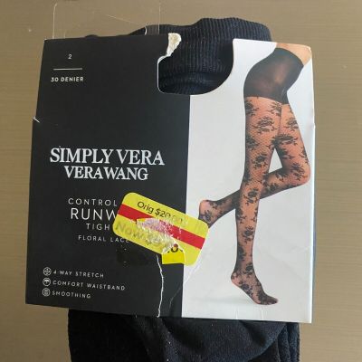 Simply Vera Wang fashion control top floral lace tights, black, size 2