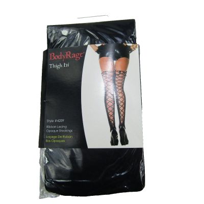 BodyRage Thigh Hi Ribbon Lacing Opaque Stockings Style 4209 Tieback Spencers NIP