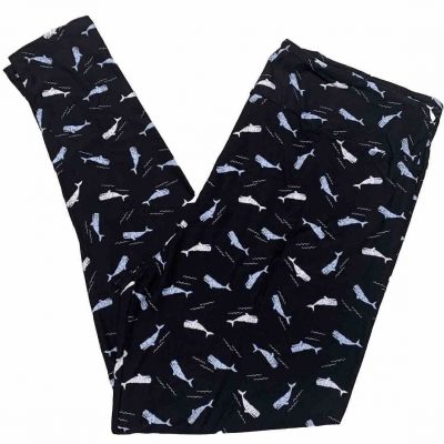 LuLaRoe Womens Leggings Size TC2 Black White Blue Whales Fish Ocean Plus 18+ NWT