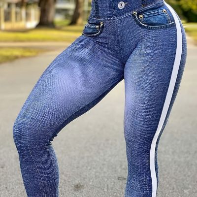 Fashion Faux Denim Print Sports Leggings For Women, High Waisted Yoga Pants For