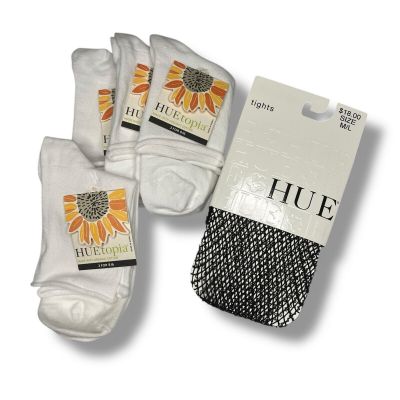 Huetopia Roll Top Shortie Socks 4 Pair White With Hue Wool Boucle Tights M/ L