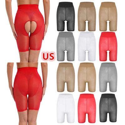 Womens Sexy Oil Shiny Glossy High Waist Workout Biker Shorts Control Yoga Shorts