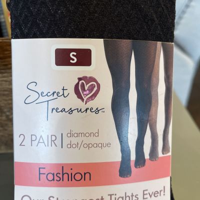 Secret Treasures Women's Opaque Black/Grey Diamond/Dot Tights, 2 Pair Small NEW!