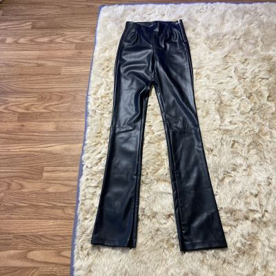 Zara Faux Leather  Pants Poly LONG BLACK side Zipper Bottom Hem Zipper Small