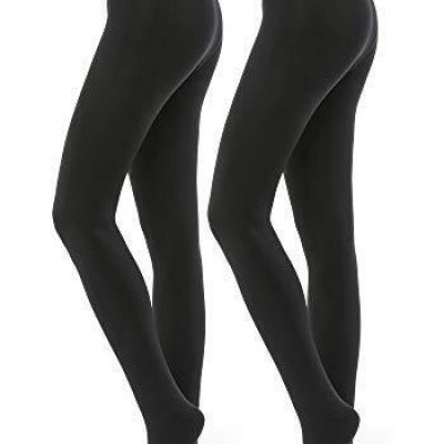 2 Pairs Fleece Lined Tights for Women - 100D Opaque Warm Winter Small Black 2