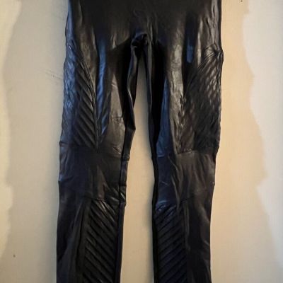 Spanx Womens Black Shiny Faux Leather Leggings  Size Large L  Stretch High Waist