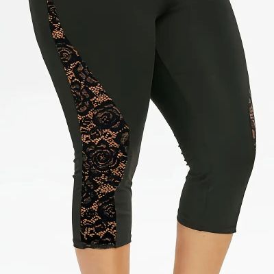 Plus Size Lace Rose Infused Capri's High Waist Stretchy Leggings 1x 2x 3x 4x 5x