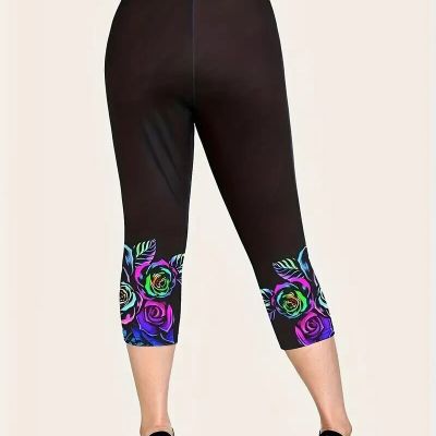 Plus Size Colorful Rose Print Strech Sexy Skinny Capri Leggings Summer 0XL, 1XL