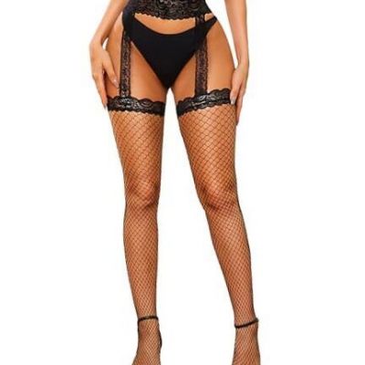 Fishnet Stockings for Women - Lace Top Thigh One Size Black - Small Fishnet