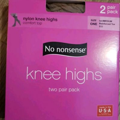 2 Pair No nonsense Nylon Knee Highs Comfort Top Sheer Toe Size ONE Color Tan Med