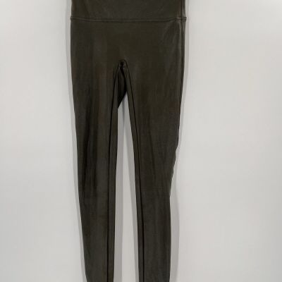 SPANX Dark Olive Green  Faux Leather Shiny LEGGINGS Size Medium Excellent UC