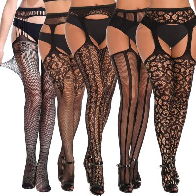 5 Pairs Black Thigh High Stockings Patterned Tights-Fishnet/Net,Garter Belts ...