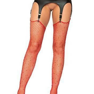 Leg Avenue Women's Unfinished Top Industrial Fishnet Stockings, Red Rhinestone,