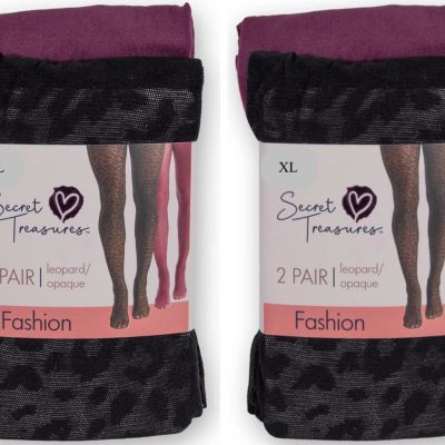 Secret Treasures Women's Wine Opaque & Black Leopard 2 Pack Tights Size XL 2x2=4