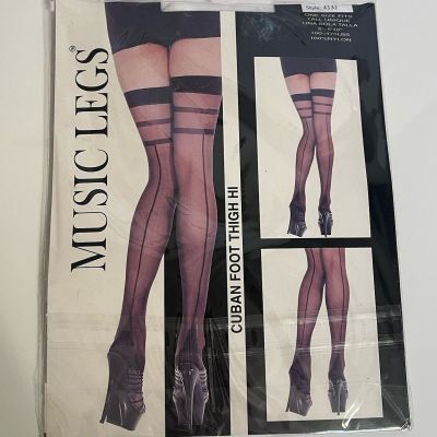 Music Legs 4132 Black Cuban Foot Thigh High Stockings With Backseam NEW