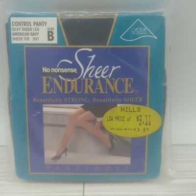 No Nonsense Sheer Endurance Pantyhose Control Top Size B Sheer Toe USA Made Navy