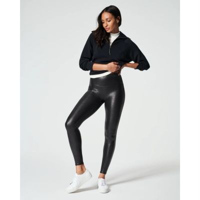 Spanx Faux Leather Black Power Waistband Shaping Leggings Womens Extra Small